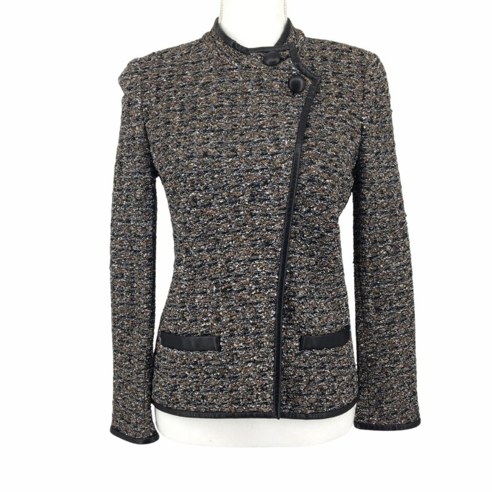 St. John Metallic Brown Black Jacket Leather Trim